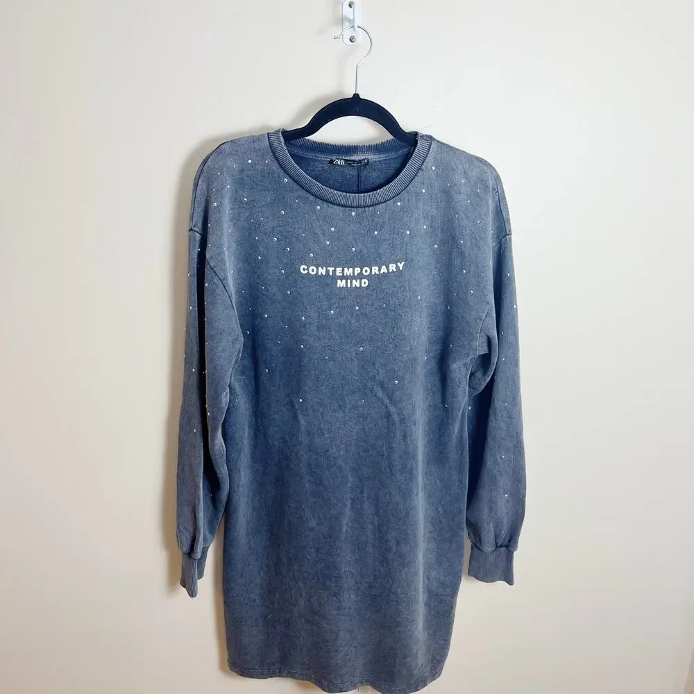 NWT Zara Washed Effect Sweatshirt Dress Size M Gray New‎ 100% Cotton - Picture 6 of 13